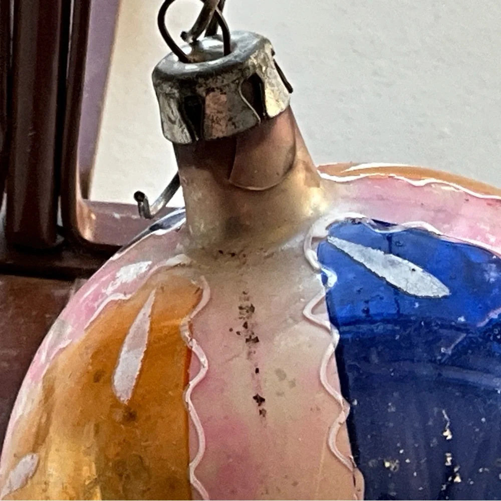 Vintage Mercury(?) Glass Christmas Ornament Hand Painted Blue and Pink